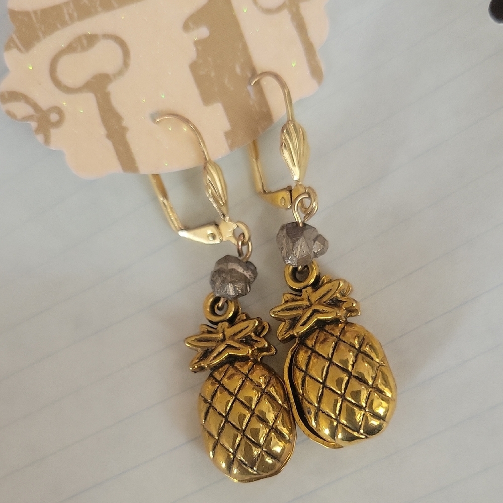 Gold Pineapple Drop Earrings W8th Pyrite Accents - Women Jewelry